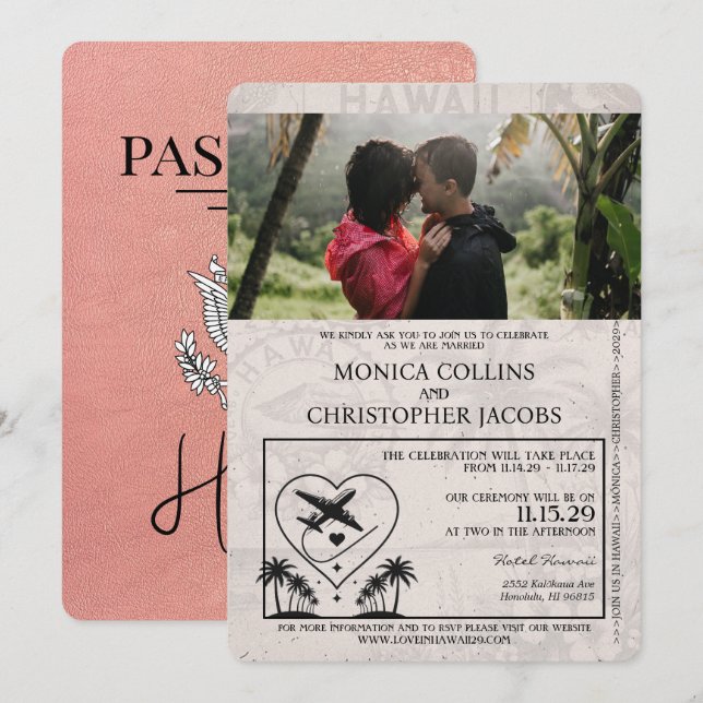 Rose Gold Hawaii Pass Einladung zur Hochzeit (Vorne/Hinten)