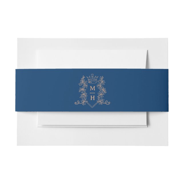 Rose gold heart crown monogram dark blue wedding einladungsbanderole (Vorderseite Beispiel)