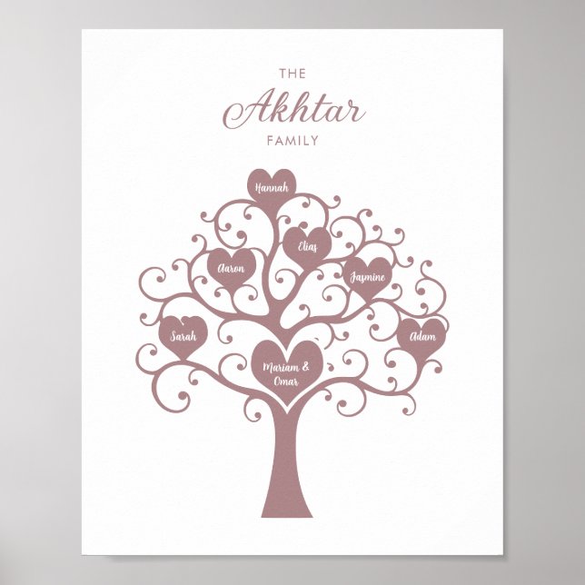 Rose Gold Hearts Family Tree Poster (Vorne)