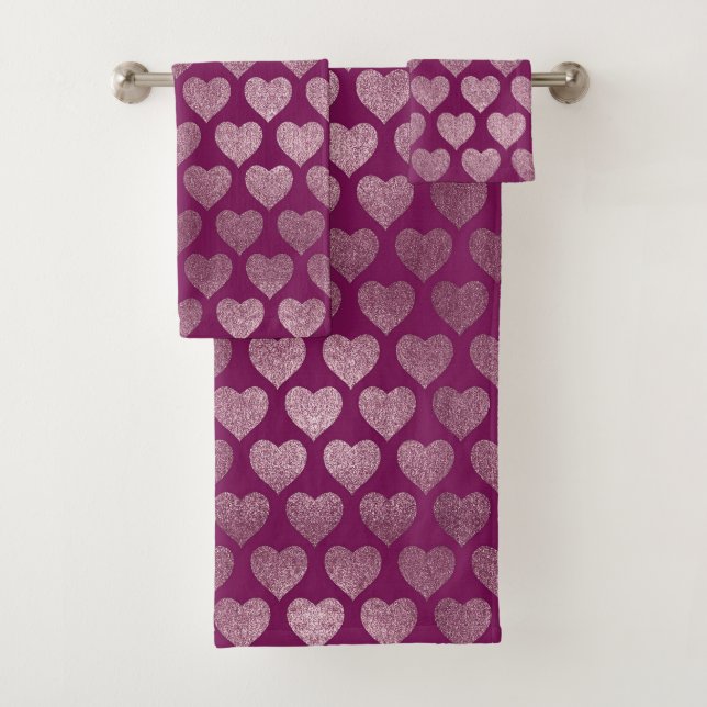 Rose Gold Hearts Glitzer Muster Badhandtuch Set (Insitu)