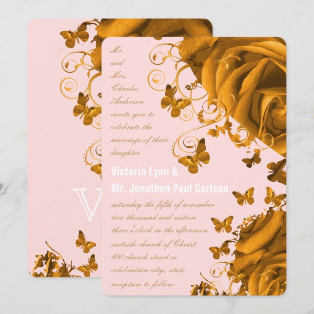 Rose Gold Hearts und Rose Hochzeit Einladung (Vorne/Hinten)