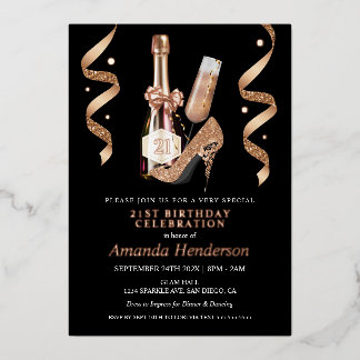 Rose Gold Heelse und Champagne Frauen zum Geburtst Folieneinladung