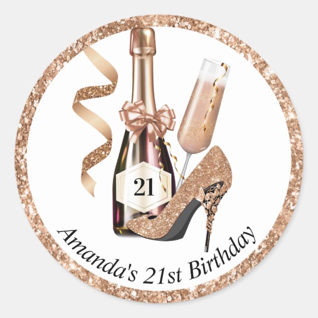 Rose Gold Heelse und Champagne Frauen zum Geburtst Runder Aufkleber (Vorderseite)
