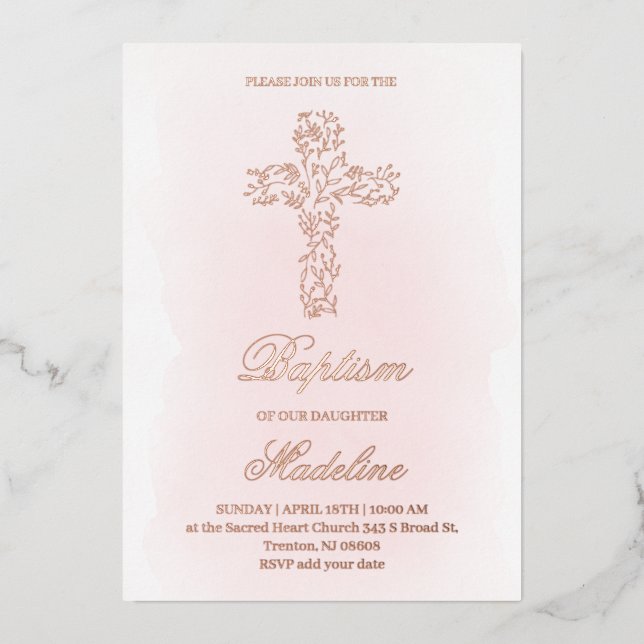 Rose Gold Heilige Kreuztaufe Folieneinladung (Vorderseite)