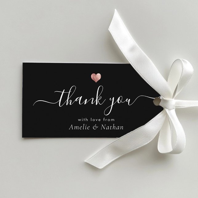 Rose Gold Herz Modernes Drehbuch Hochzeit Geschenkanhänger (A black thank you card with elegant white script and a rose gold heart, tied with a white ribbon)