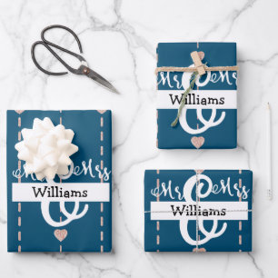 Rose Gold Herzdesign Mr & Mrs. Name Wedding Blue Geschenkpapier Set