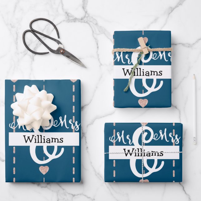 Rose Gold Herzdesign Mr & Mrs. Name Wedding Blue Geschenkpapier Set (Vorderseite)