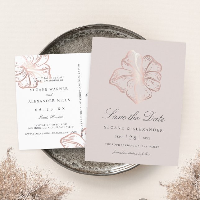Rose Gold Hibiskus Blume Hochzeit speichern Sie da Ankündigungspostkarte (Von Creator hochgeladen)
