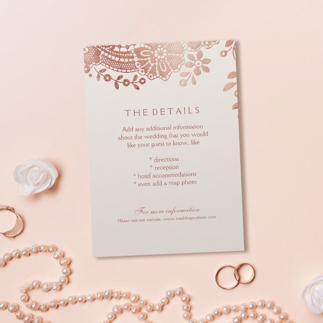 Rose Gold Hochzeitskarte Begleitkarte (Rose gold elegant lace wedding details card)