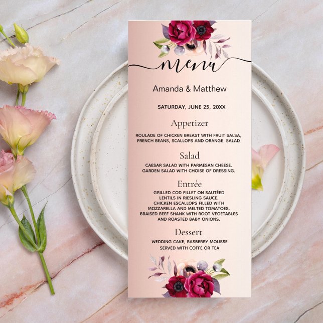 Rose Gold Hochzeitsmenü burgundische florale elega Werbekarte (Von Creator hochgeladen)