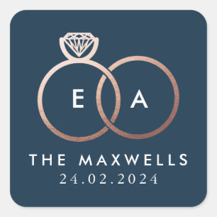 Rose Gold Hochzeitsring Monogram Name Date Navy Quadratischer Aufkleber