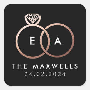Rose Gold-Hochzeitsring Monogram-Name Datum Schwar Quadratischer Aufkleber