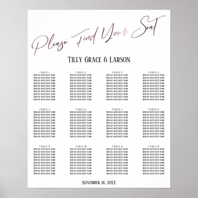 Rose Gold Hochzeitssitzkarte Poster (Vorne)