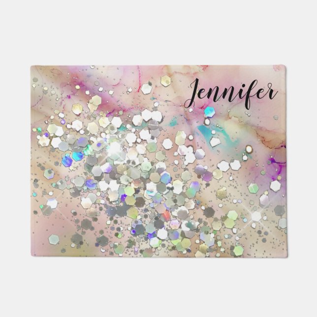 Rose Gold Holografischer Glitzer Girly Pastel Marm Fußmatte (Vorderseite)