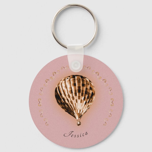 Rose Gold Hot Air Balloon with Name and Scrolls  Schlüsselanhänger (Vorderseite)