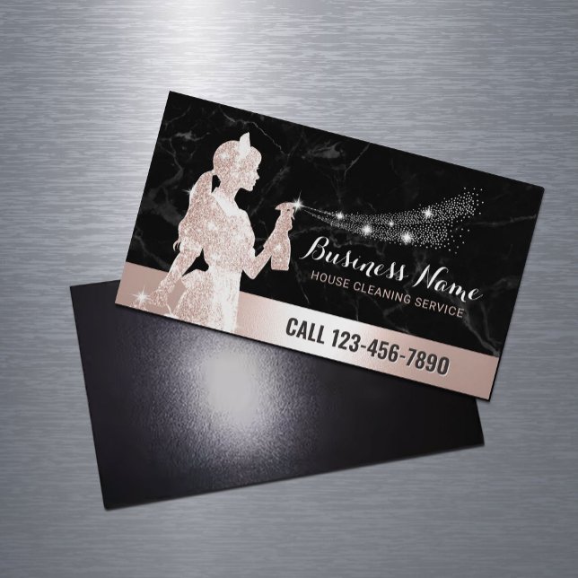 Rose Gold House Cleaning Black Marble Magnetische Visitenkarte (Von Creator hochgeladen)