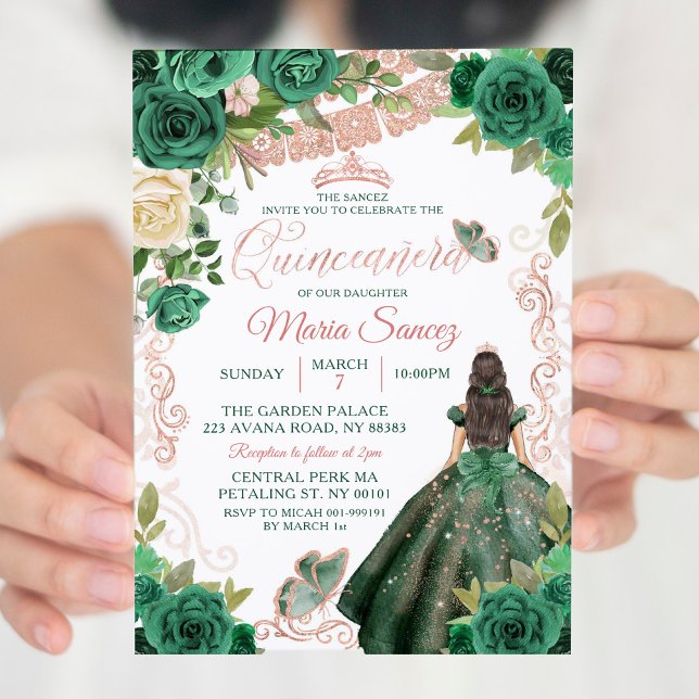 Rose Gold Hunter Green Mexican Floral Quinceñera Einladung (Von Creator hochgeladen)