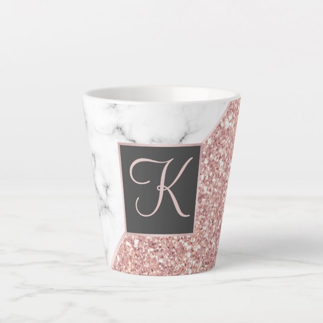 Rose Gold Imitat Glitzer Marmor Mit Monogramm Milchtasse (Vorderseite)
