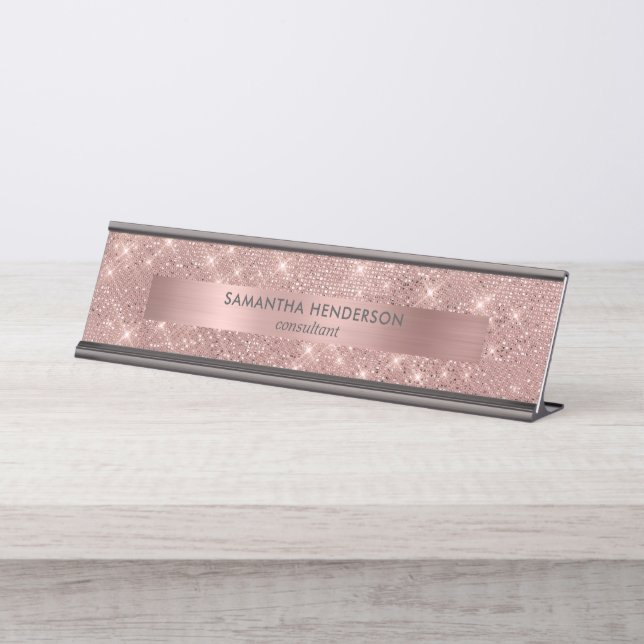 Rose Gold Imitat Schimmer und Fohlen Schreibtischnamensplakette (Vorderseite )