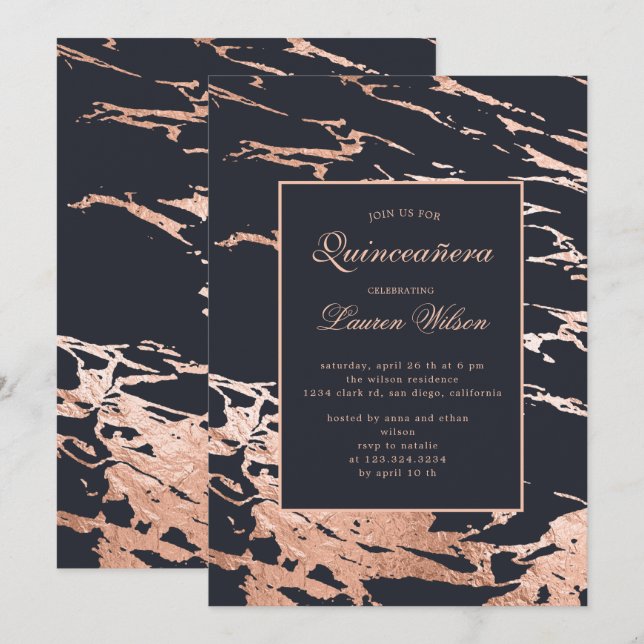 Rose Gold Imitate Folie Marmor Chinanera Einladung (Vorne/Hinten)
