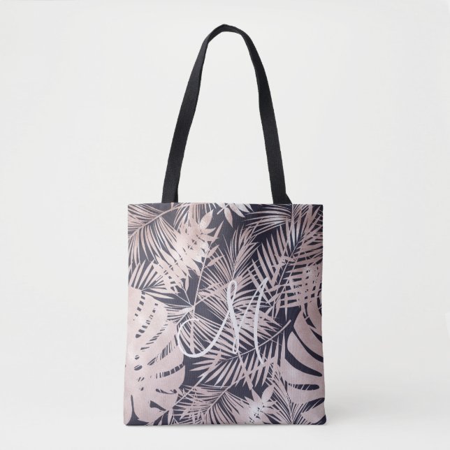 Rose Gold Imitate Folie tropische Blätter Monogram Tasche (Vorderseite)