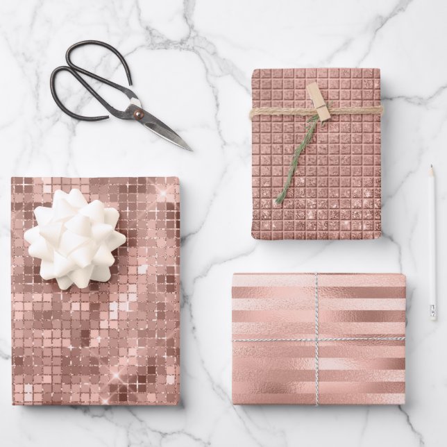 Rose Gold Imitate Fossilienmuseum und Glitzer Geschenkpapier Set (Vorderseite)