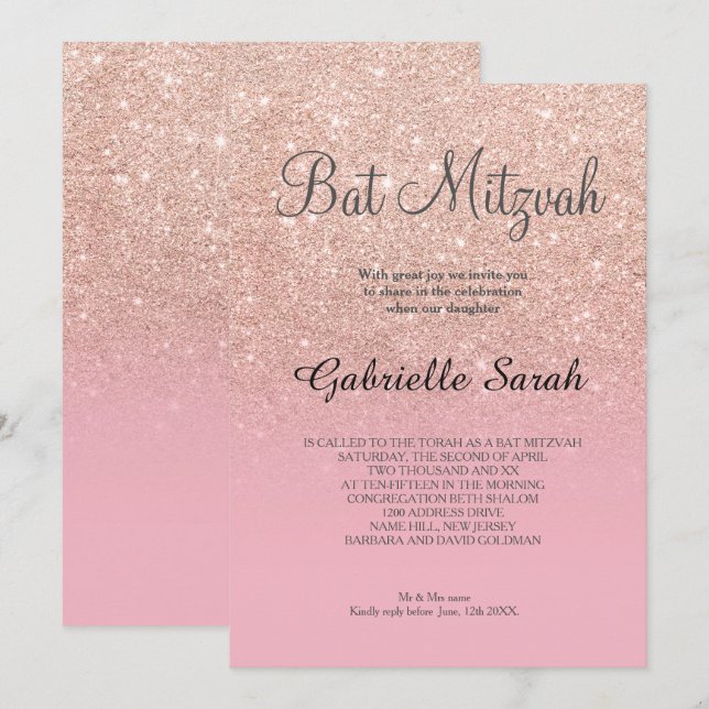 Rose Gold Imitate Glitzer blassrosa Bat Mitzvah Einladung (Vorne/Hinten)
