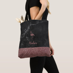 Rose Gold Imitate Glitzer Flamingo auf schwarzem M Tasche