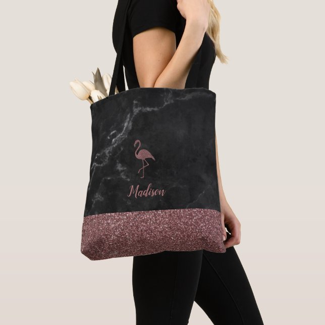 Rose Gold Imitate Glitzer Flamingo auf schwarzem M Tasche (Von Nahem)