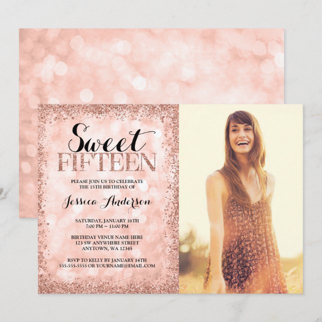 Rose Gold Imitate Glitzer Lights Sweet 15 Quincean Einladung (Vorne/Hinten)