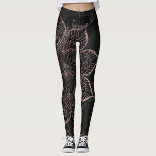 Rose Gold Imitate Glitzer Mandala auf schwarzem Ma Leggings