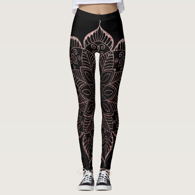 Rose Gold Imitate Glitzer Mandala über Solid Black Leggings (Vorderseite)
