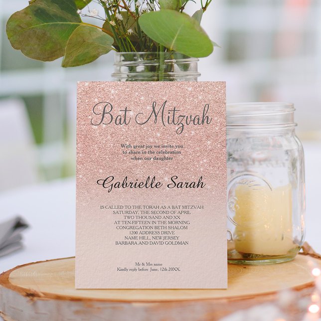 Rose Gold Imitate Glitzer pink ombre Bat Mitzvah Einladung (Von Creator hochgeladen)