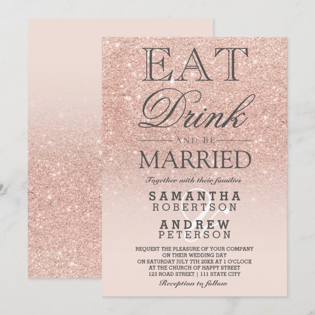 Rose Gold Imitate Glitzer Rosa ombre Drehbuch Hoch Einladung (Vorne/Hinten)