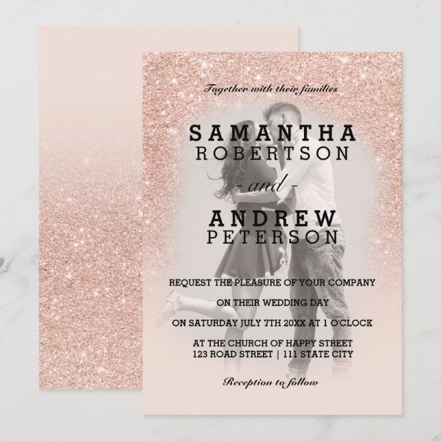 Rose Gold Imitate Glitzer Rosa ombre Foto Hochzeit Einladung (Vorne/Hinten)