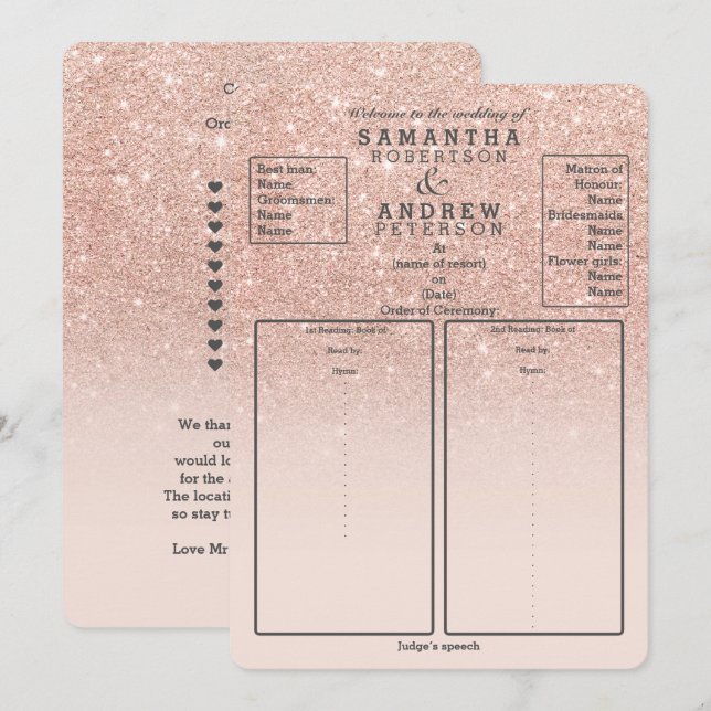 Rose Gold Imitate Glitzer Rosa ombre Hochzeitsprog Einladung (Vorne/Hinten)