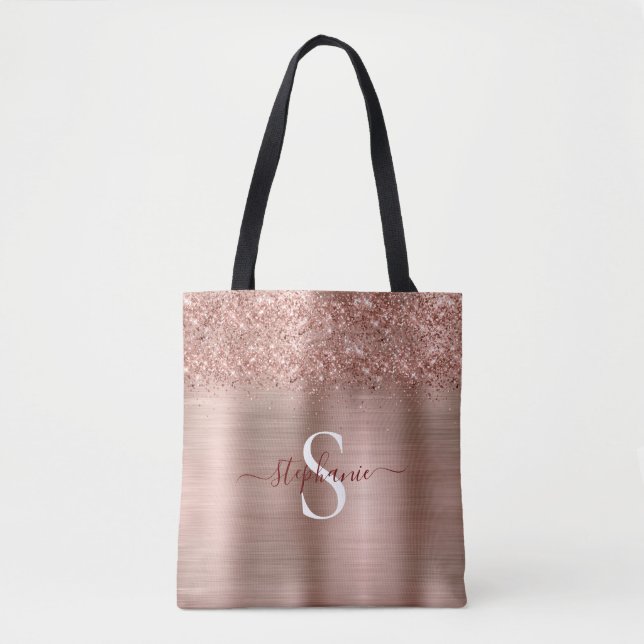 Rose Gold Imitats-Glitzer Girly Glam Monogram Tasche (Vorderseite)