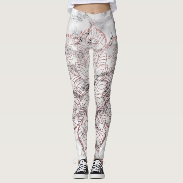 Rose Gold Imitats Glitzer Mandala auf feinem Marmo Leggings (Vorderseite)