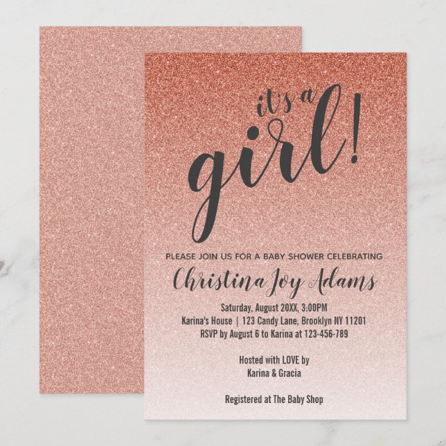 Rose Gold Imitats Glitzer Ombre Girl Babyduschkart Einladung (Vorne/Hinten)