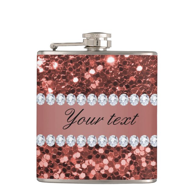 Rose Gold Imitats Glitzer und Diamanten Personalis Flachmann (Vorderseite)