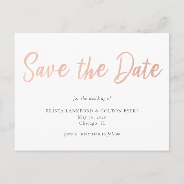 Rose Gold Imitats Save the Date aufdecken Postkarte (Vorderseite)