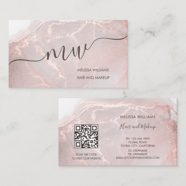 Rose Gold  Ink Marble | QR Code Visitenkarte (Vorne/Hinten)