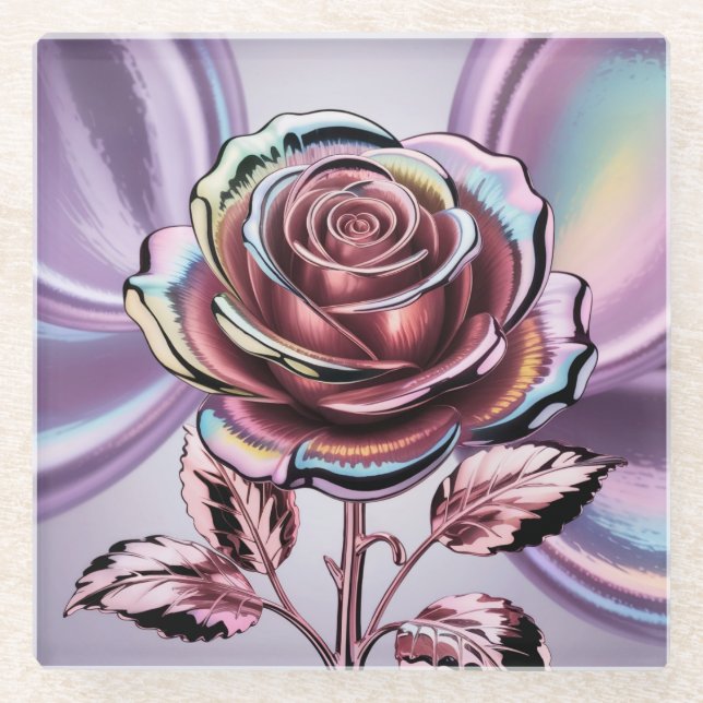 Rose Gold Iridescent Rose Glass Untersetzer (Vorderseite)