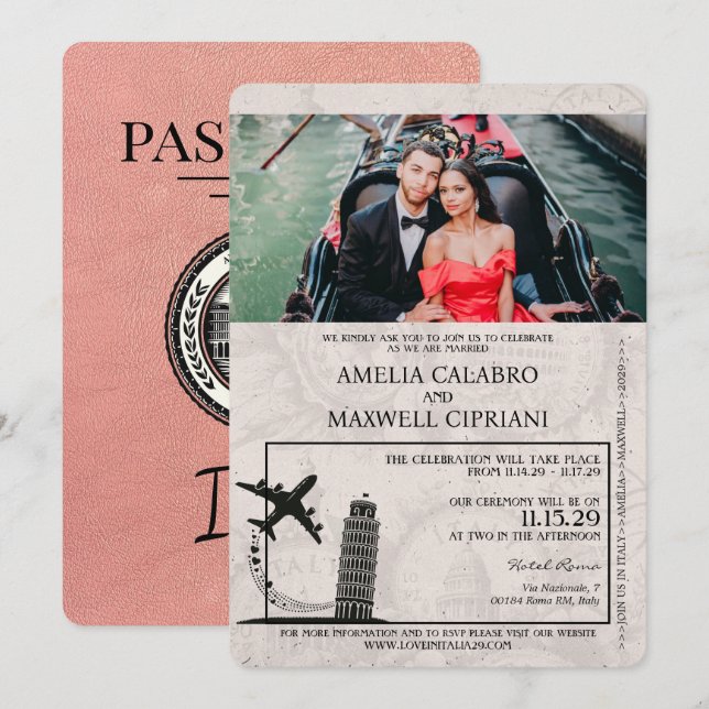 Rose Gold Italy Pass Einladung zur Hochzeit (Vorne/Hinten)