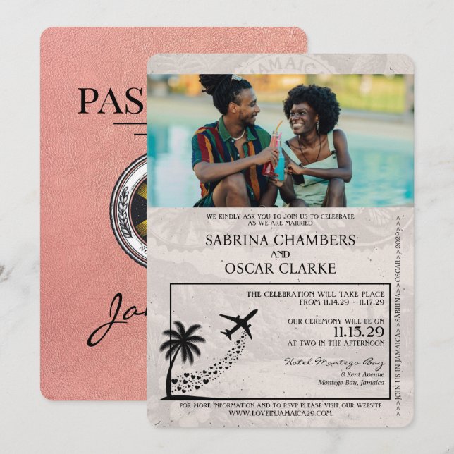 Rose Gold Jamaica Pass Einladung Hochzeit (Vorne/Hinten)