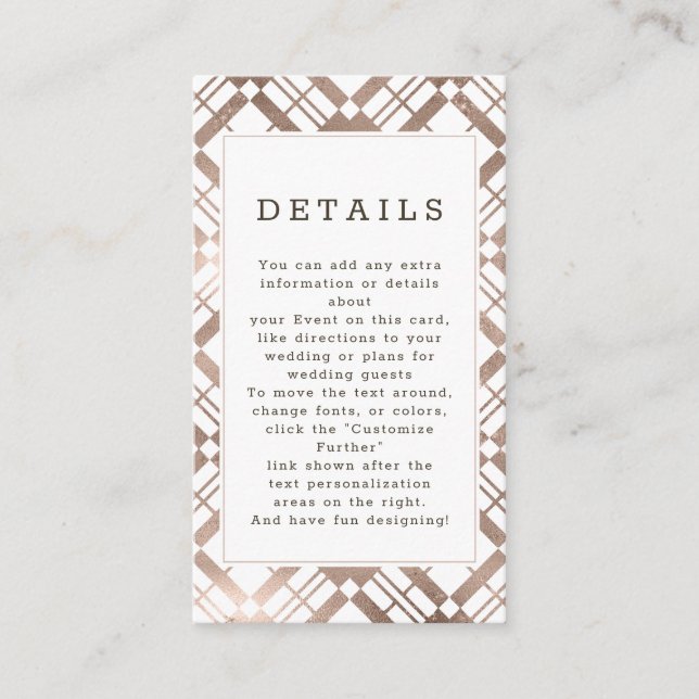 Rose Gold & Jeglicher Farbfall Karierte Hochzeitsd Begleitkarte (Vorderseite)
