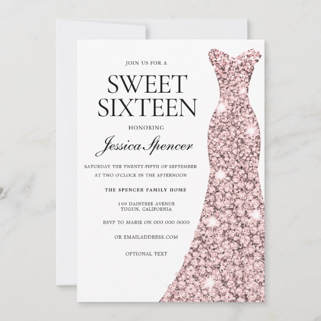 Rose Gold & jolie robe Sweet 16 Invitation (Devant)