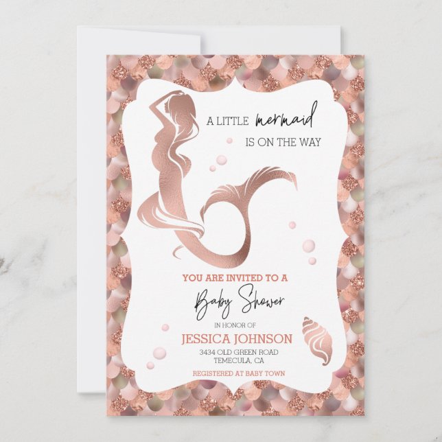 Rose Gold Kleine Meerjungfrau Kinderdusche Einladung (Vorderseite)