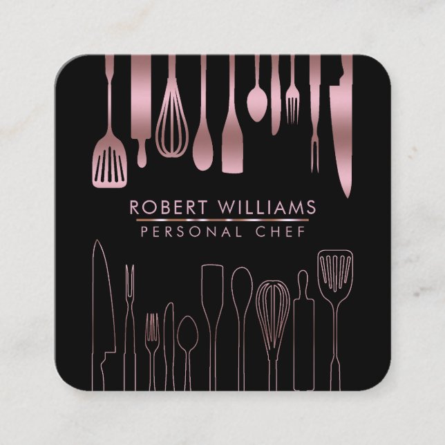 Rose Gold Koch Küche Utensil Tools Imitat Catering Quadratische Visitenkarte (Vorderseite)