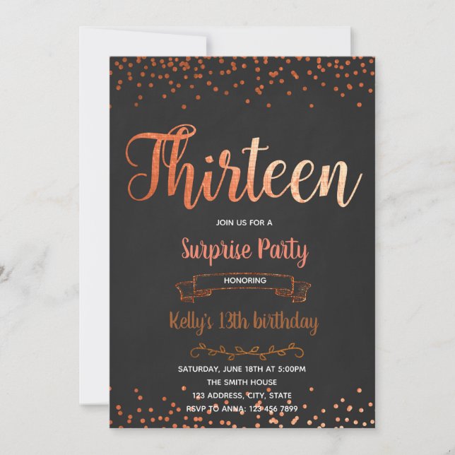 Rose gold Konfetti 13. Einladung (Vorderseite)